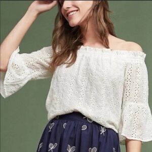 FLOREAT x ANTHROPOLOGIE Eyelet Off-the-Shoulder Blouse Ivory White Size Small